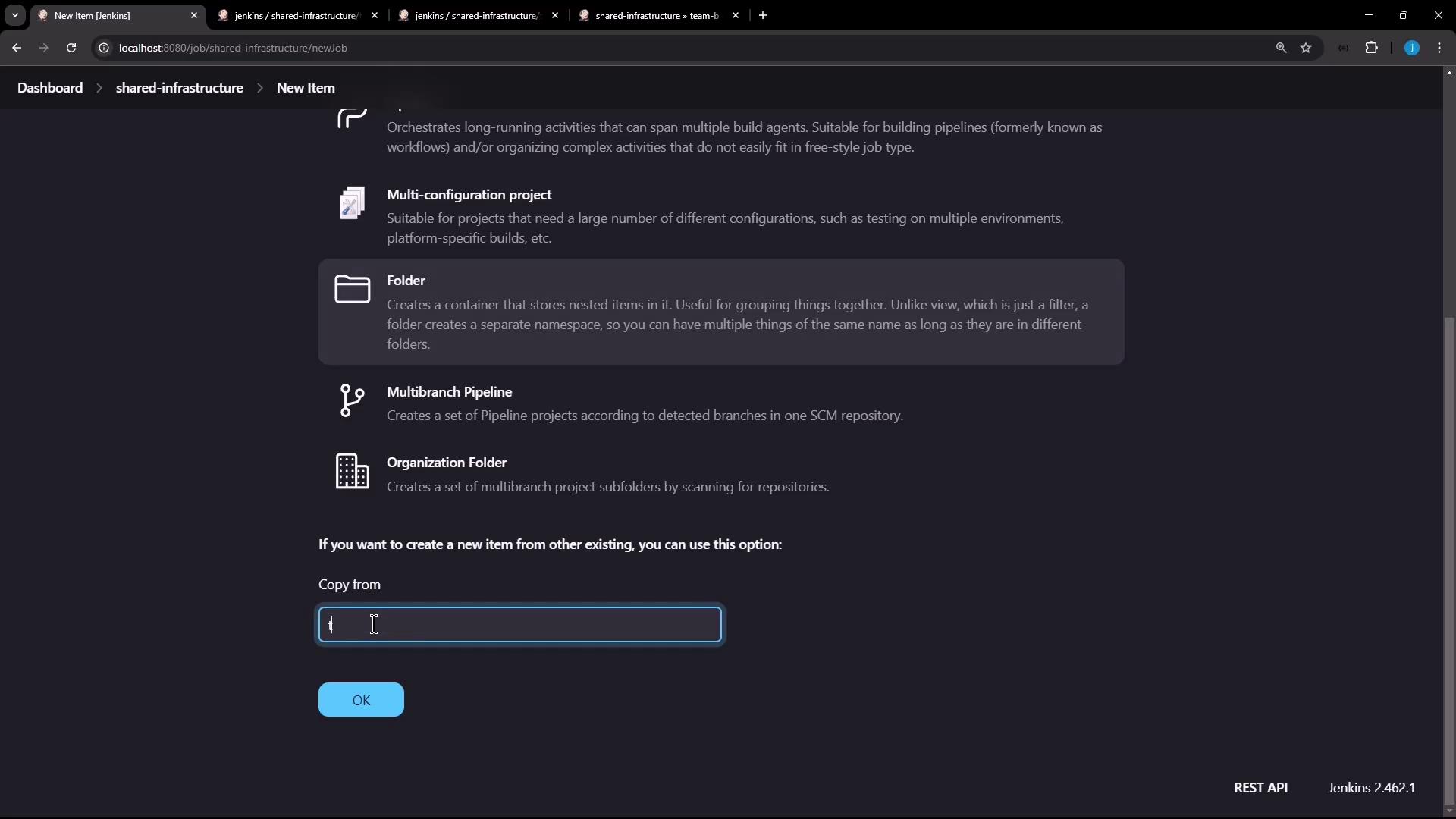 The image shows a Jenkins interface for creating a new item, with options like "Multi-configuration project," "Folder," "Multibranch Pipeline," and "Organization Folder." There's also a field to copy from an existing item.