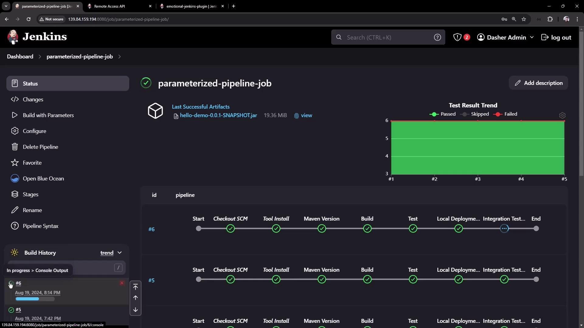 The image shows a Jenkins dashboard for a parameterized pipeline job, displaying a successful build history and a test result trend graph with all tests passed.