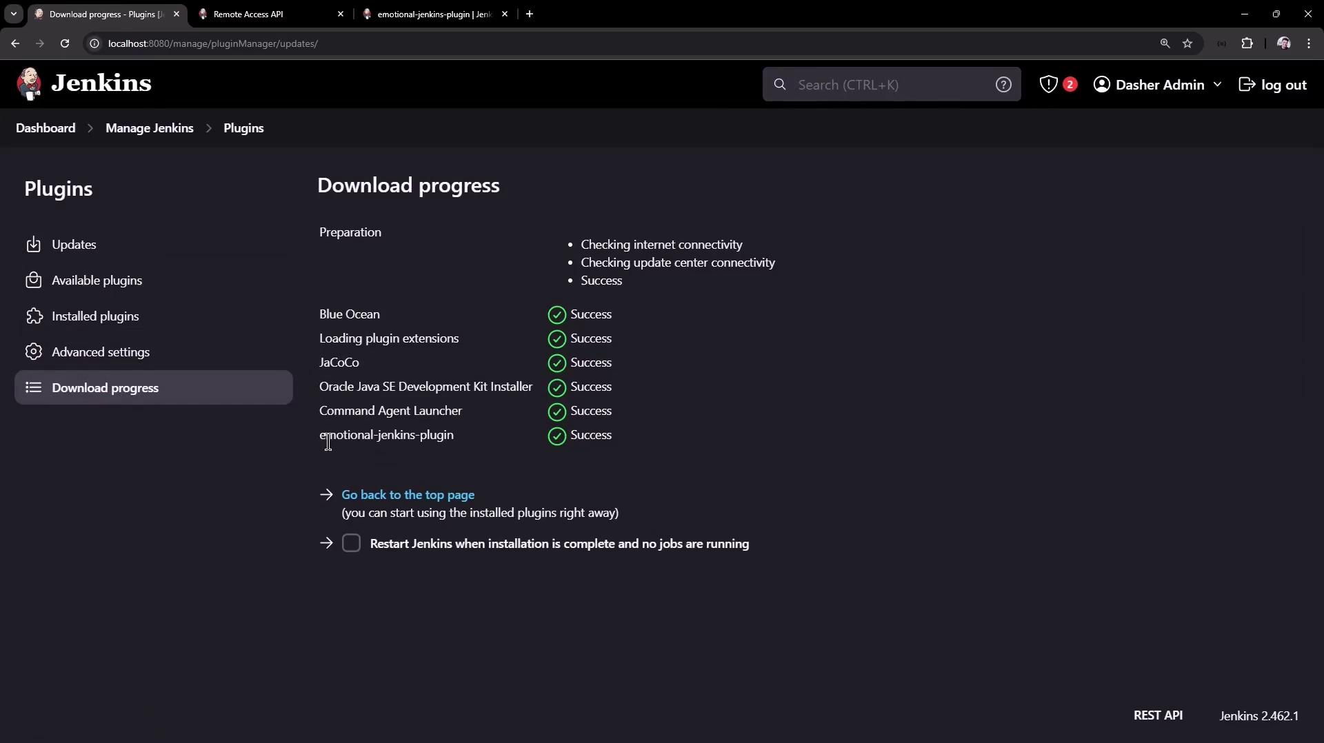 The image shows a Jenkins interface displaying the download progress of various plugins, all marked as successful. The left sidebar includes options like Updates, Available plugins, Installed plugins, and Advanced settings.