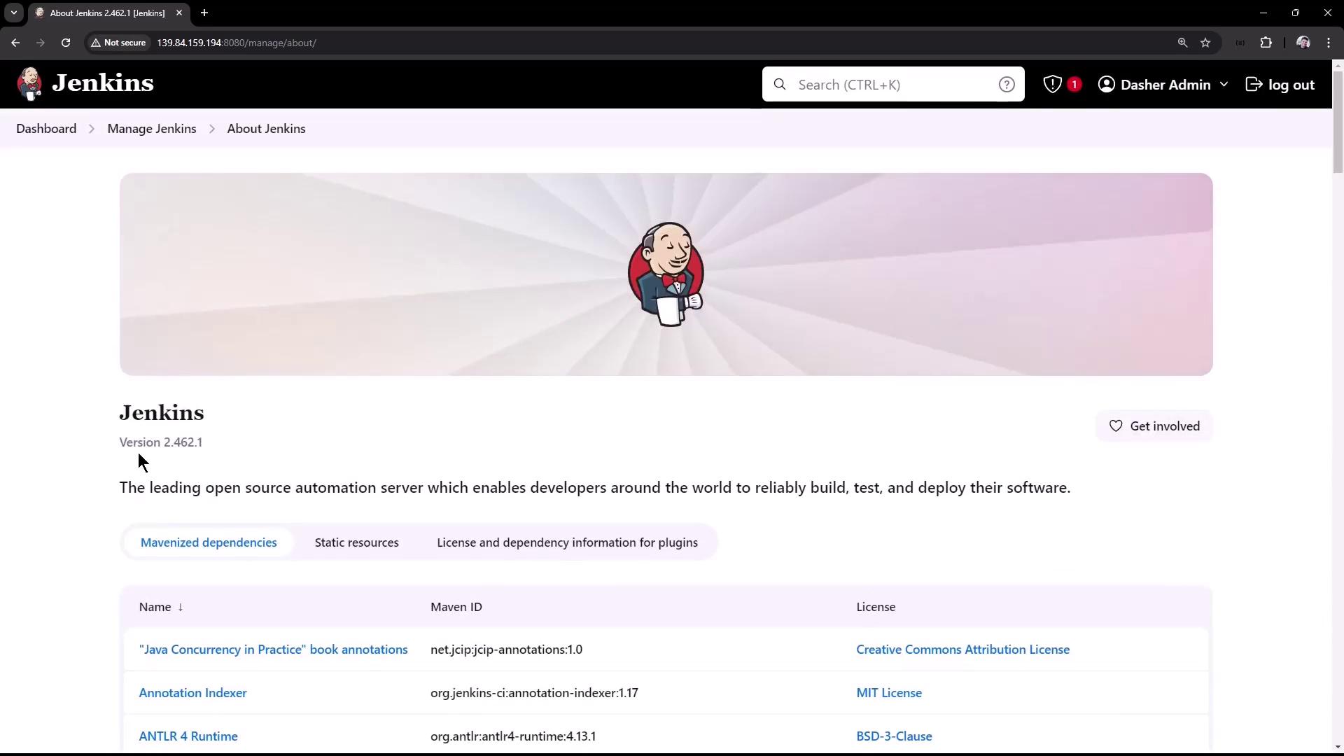 The image shows the "About Jenkins" page from a Jenkins server, displaying version 2.462.1 and information about its open-source automation capabilities. It includes a list of Mavenized dependencies with their licenses.