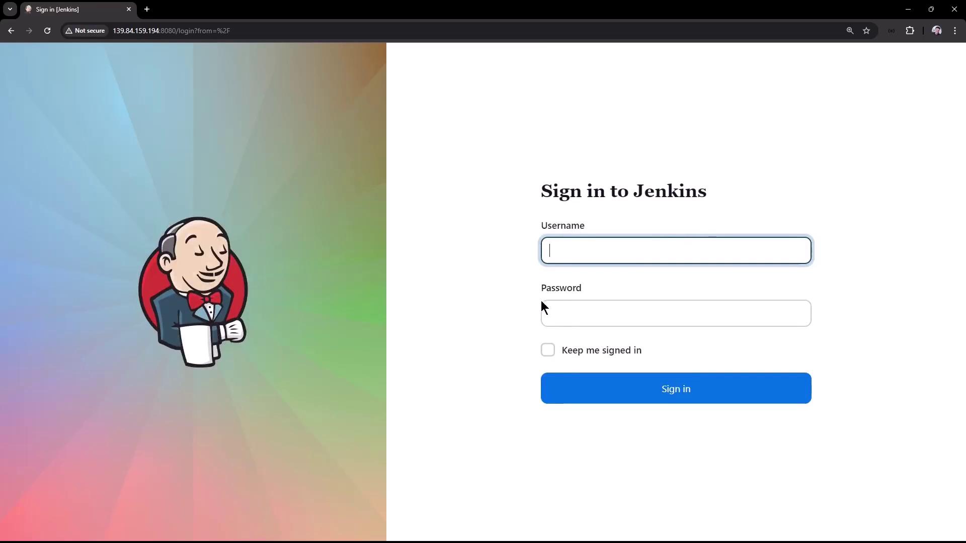 The image shows a Jenkins login page with fields for username and password, alongside the Jenkins logo on a colorful background.