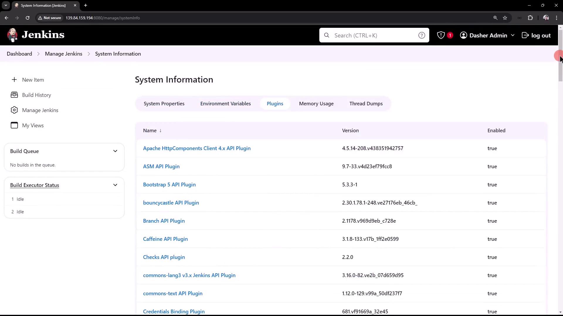 The image shows a Jenkins system information page displaying a list of installed plugins, their versions, and their enabled status. The interface includes navigation options and a search bar.