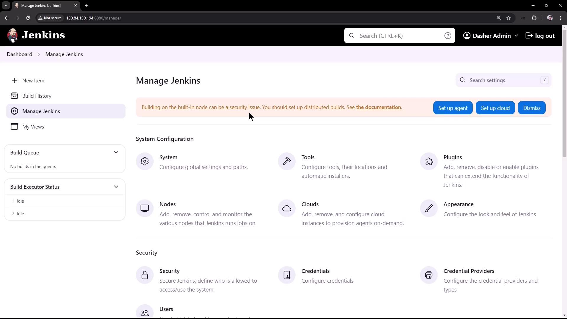 The image shows the "Manage Jenkins" dashboard, displaying various configuration options and a security warning about using the built-in node.
