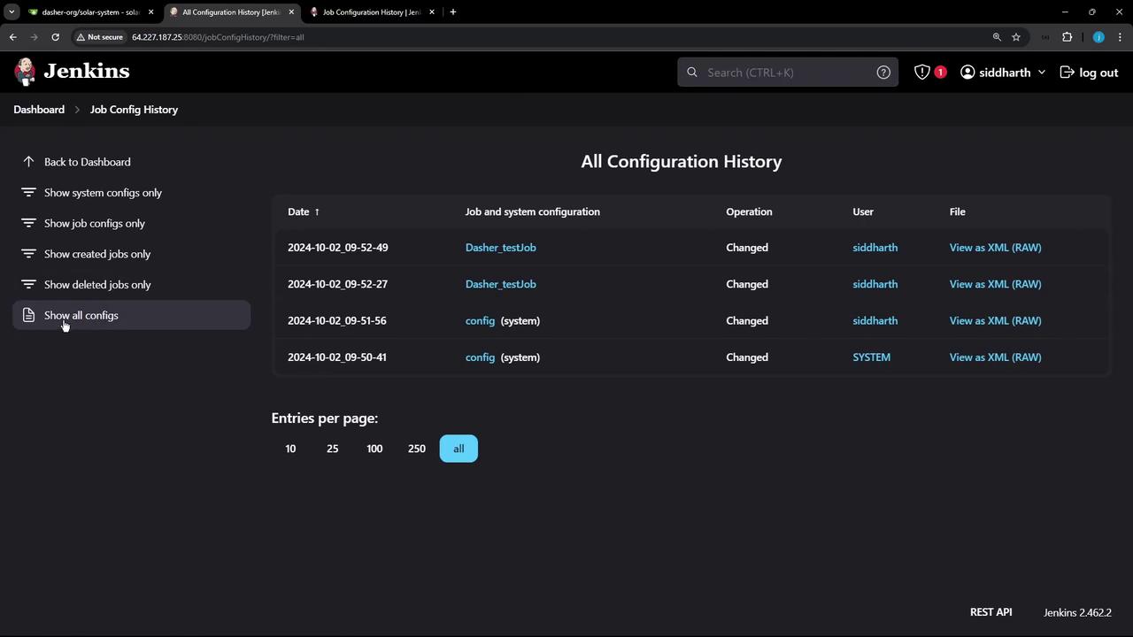 The image shows a Jenkins dashboard displaying the "All Configuration History" page, listing recent configuration changes with details like date, job configuration, operation, user, and file view options.