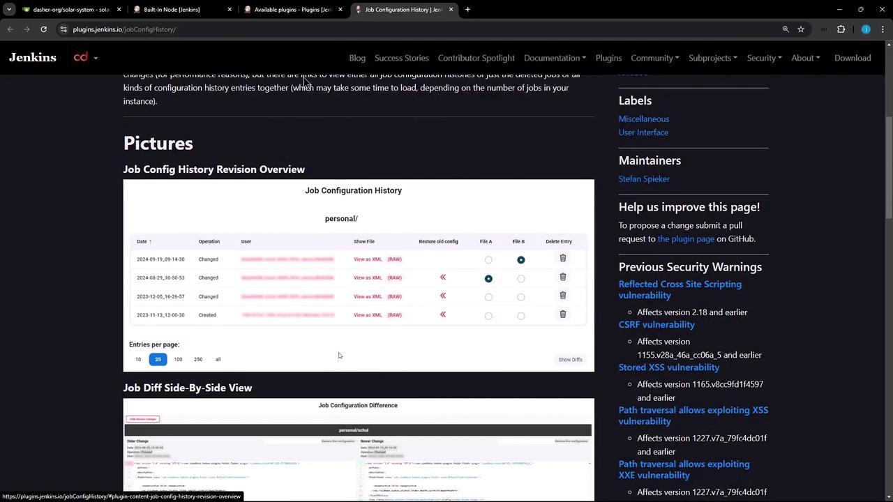 The image shows a webpage from the Jenkins plugin site, displaying a "Job Config History Revision Overview" with a table of job configuration changes and a "Job Diff Side-By-Side View" section.