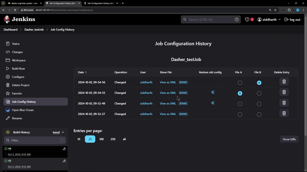 The image shows a Jenkins interface displaying the "Job Configuration History" for a job named "Dasher_testJob," listing changes made by a user named Siddharth. The interface includes options to view configurations as XML, restore old configurations, and delete entries.