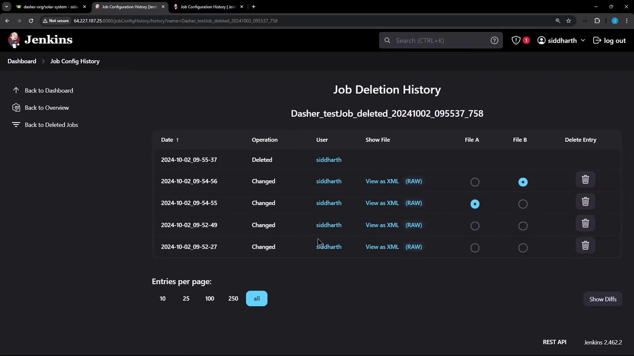 The image shows a Jenkins interface displaying a "Job Deletion History" page, listing operations performed on a job, including deletions and changes, with options to view files and delete entries.