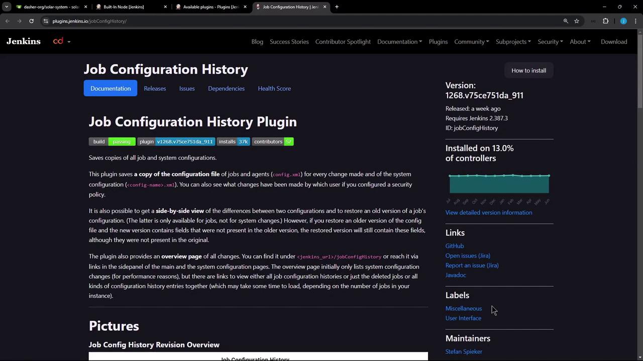 The image shows a webpage for the "Job Configuration History" plugin on the Jenkins website, detailing its features, version information, and links for further resources.