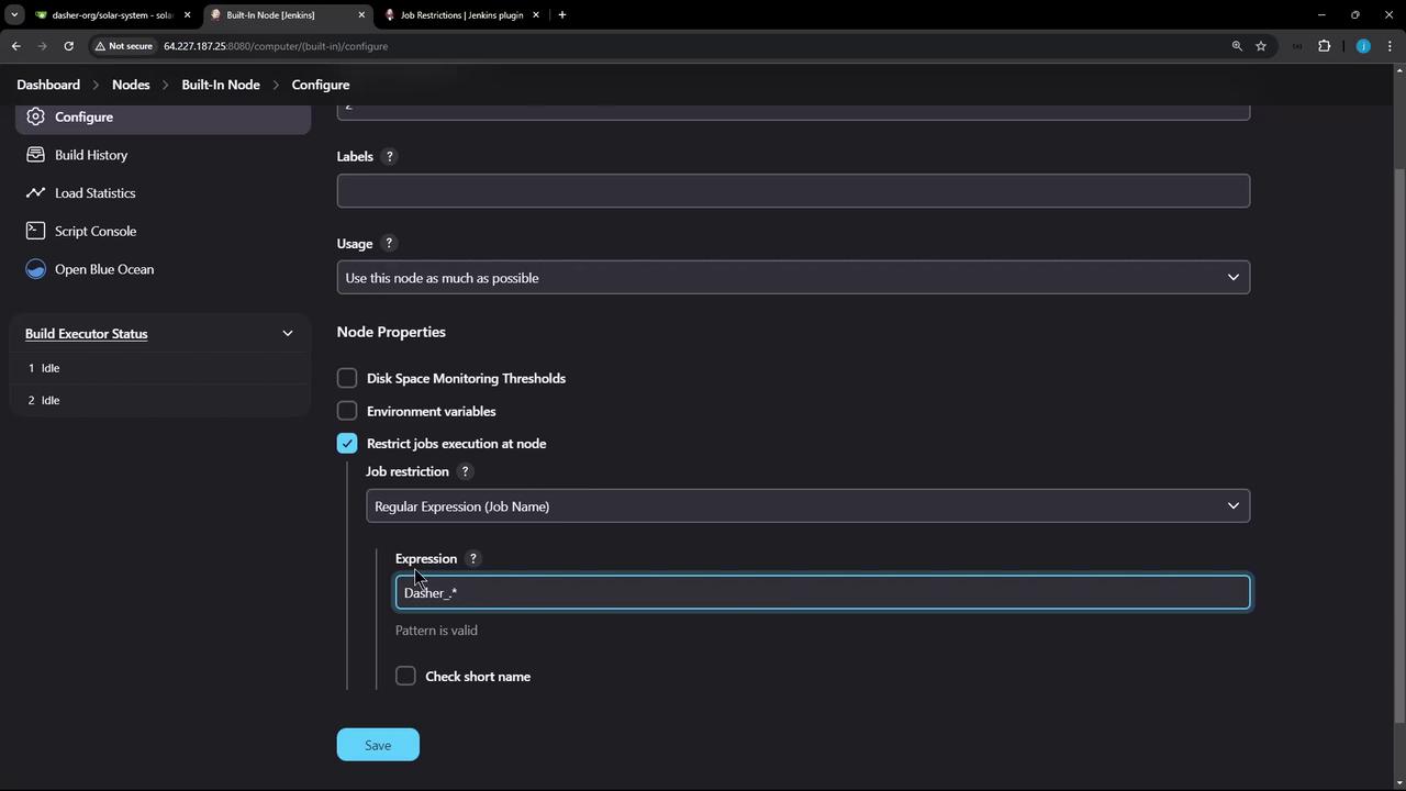 The image shows a Jenkins configuration screen for a built-in node, with options for labels, usage, and node properties, including job restrictions using a regular expression.