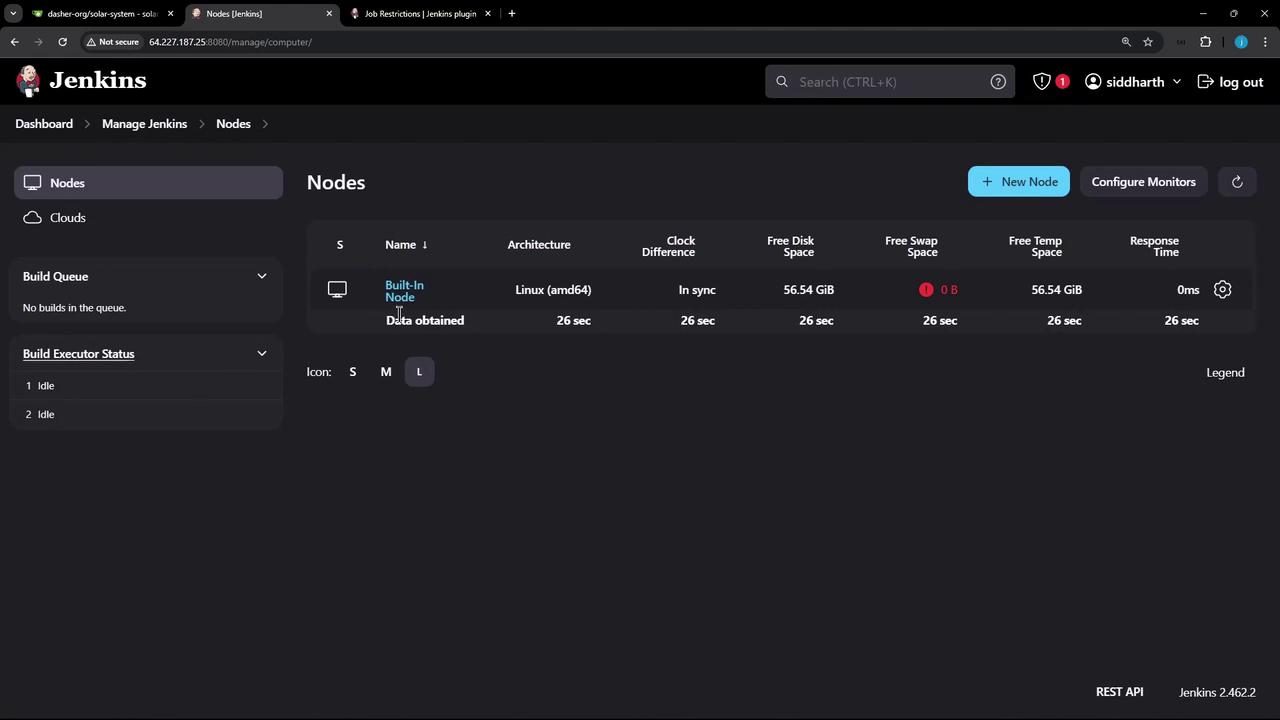 The image shows a Jenkins dashboard displaying node information, including architecture, clock difference, and disk space details. It also indicates the build queue and executor status, with options to add a new node or configure monitors.