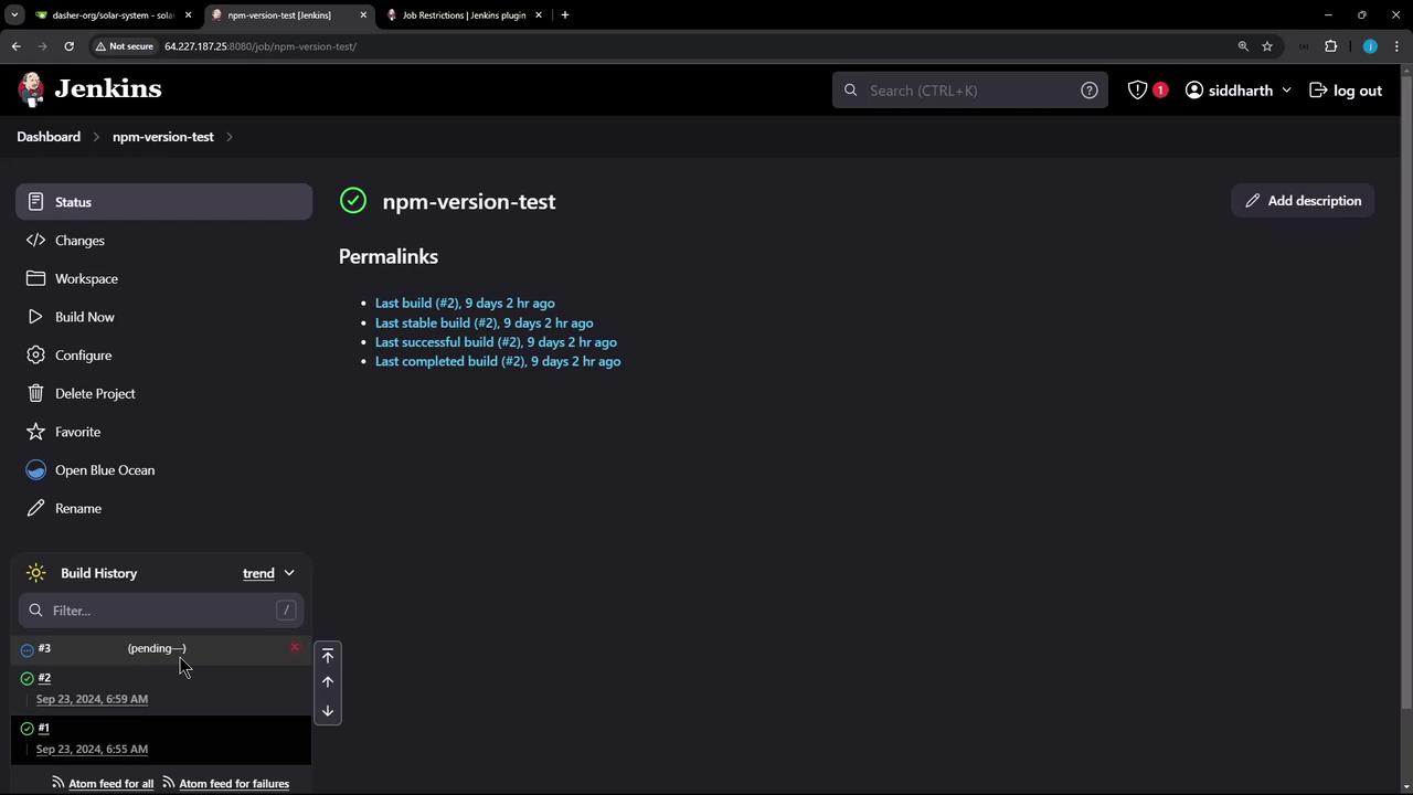 The image shows a Jenkins dashboard for a project named "npm-version-test," displaying build status and history, with the last build occurring 9 days ago. The interface includes options like "Build Now," "Configure," and "Open Blue Ocean."