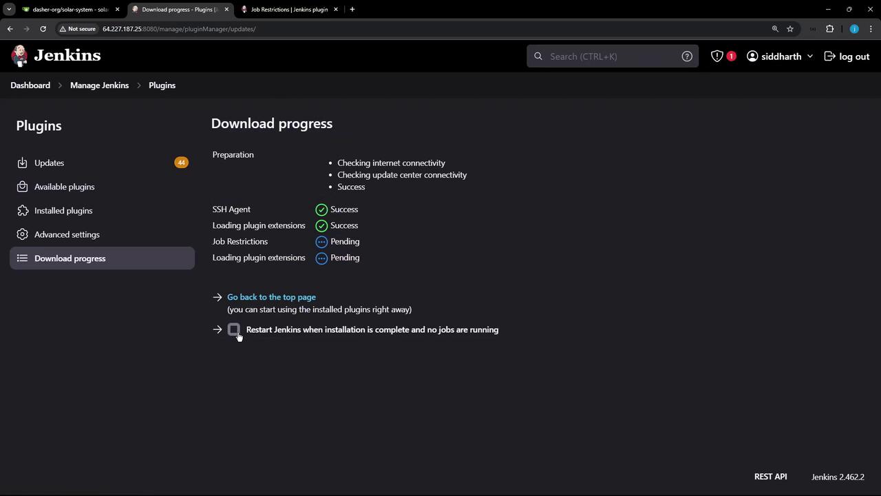 The image shows a Jenkins interface displaying the download progress of plugins, with some tasks marked as "Success" and others as "Pending." It includes options to go back to the top page and restart Jenkins after installation.