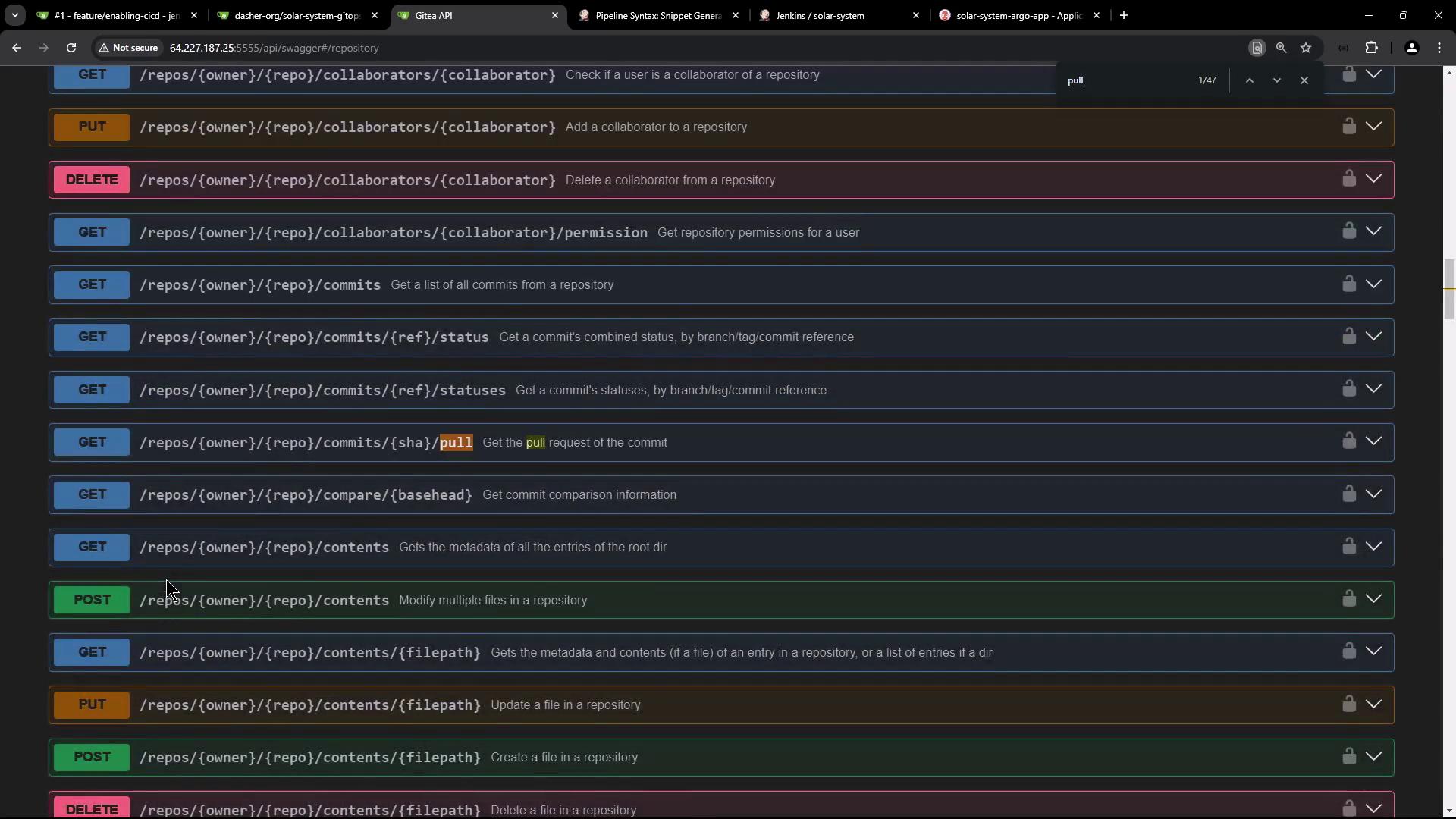 The image shows a list of API endpoints related to repository management, including actions like adding, deleting, and checking collaborators, as well as handling commits and contents. The interface appears to be part of a Swagger API documentation.