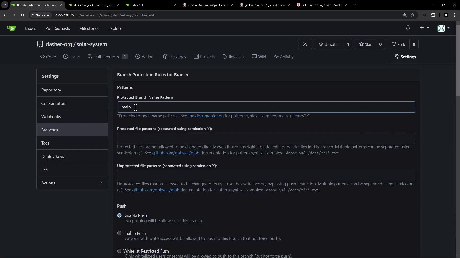 The image shows a web interface for setting branch protection rules in a repository, with options for protected branch name patterns and file patterns.