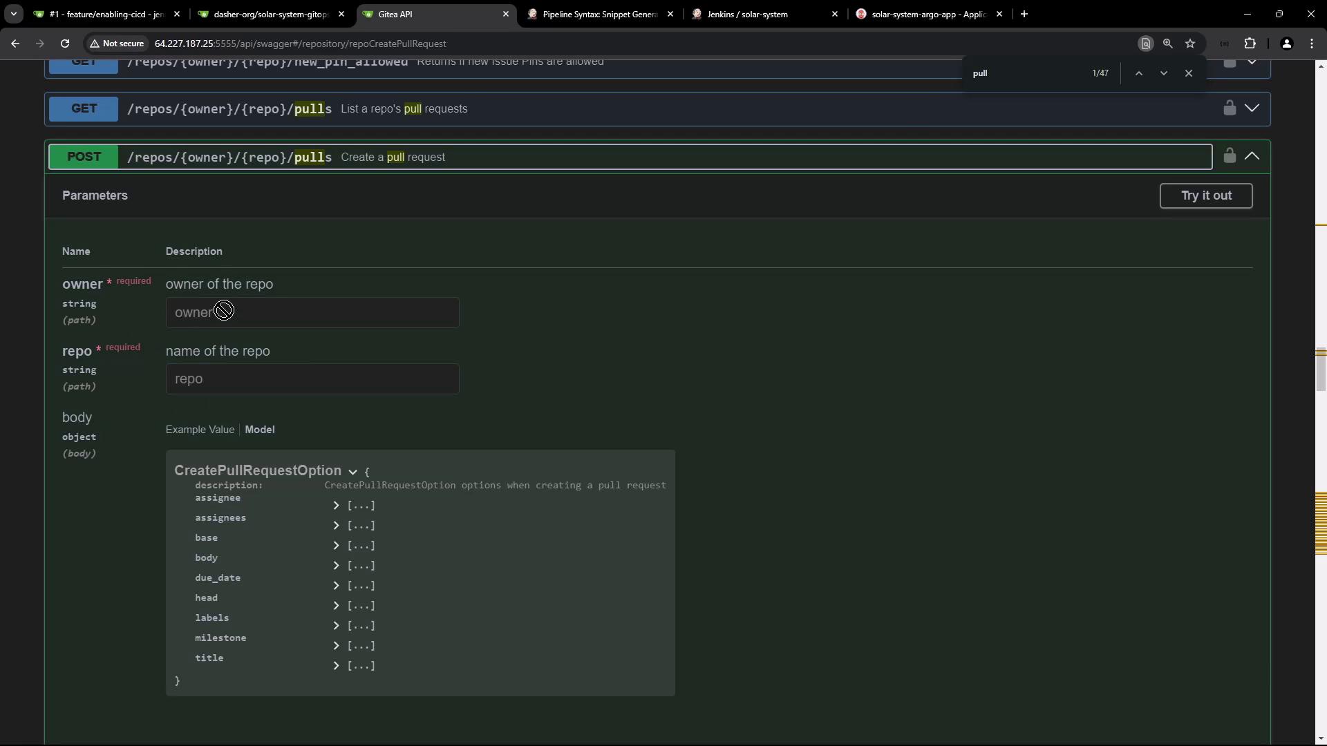 The image shows a Gitea API interface for creating a pull request, with fields for the repository owner, name, and options for the pull request.