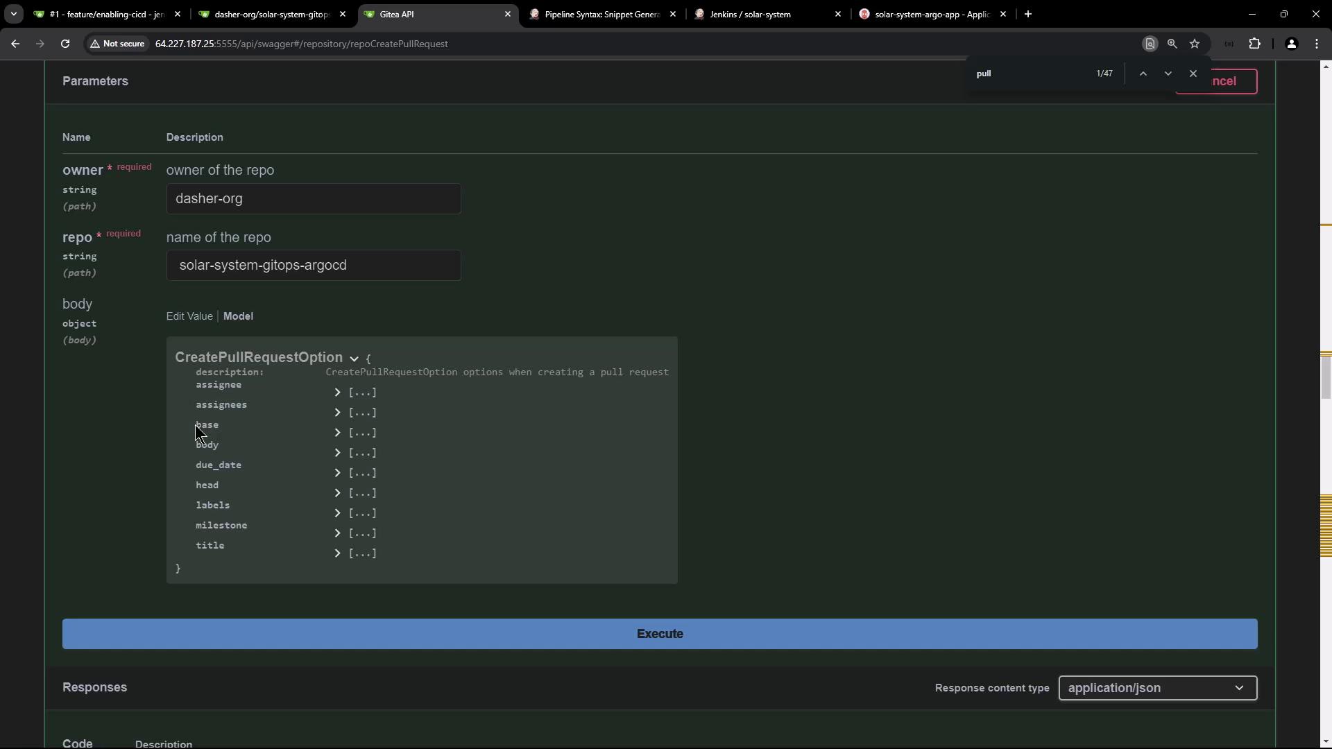 The image shows a web interface for creating a pull request using an API, with fields for specifying the repository owner, repository name, and pull request options.