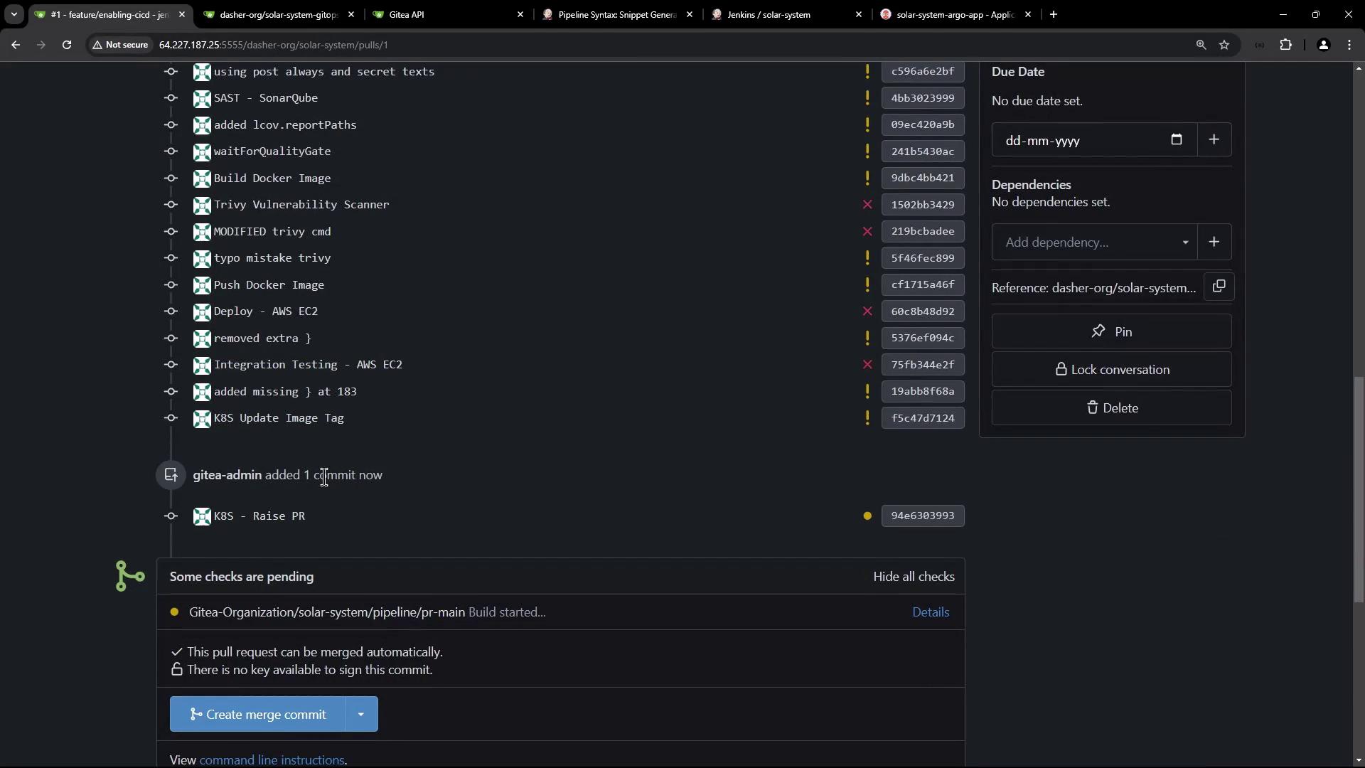 The image shows a pull request interface with a list of commits and their statuses, including checks and dependencies. Some checks are pending, and there is an option to create a merge commit.