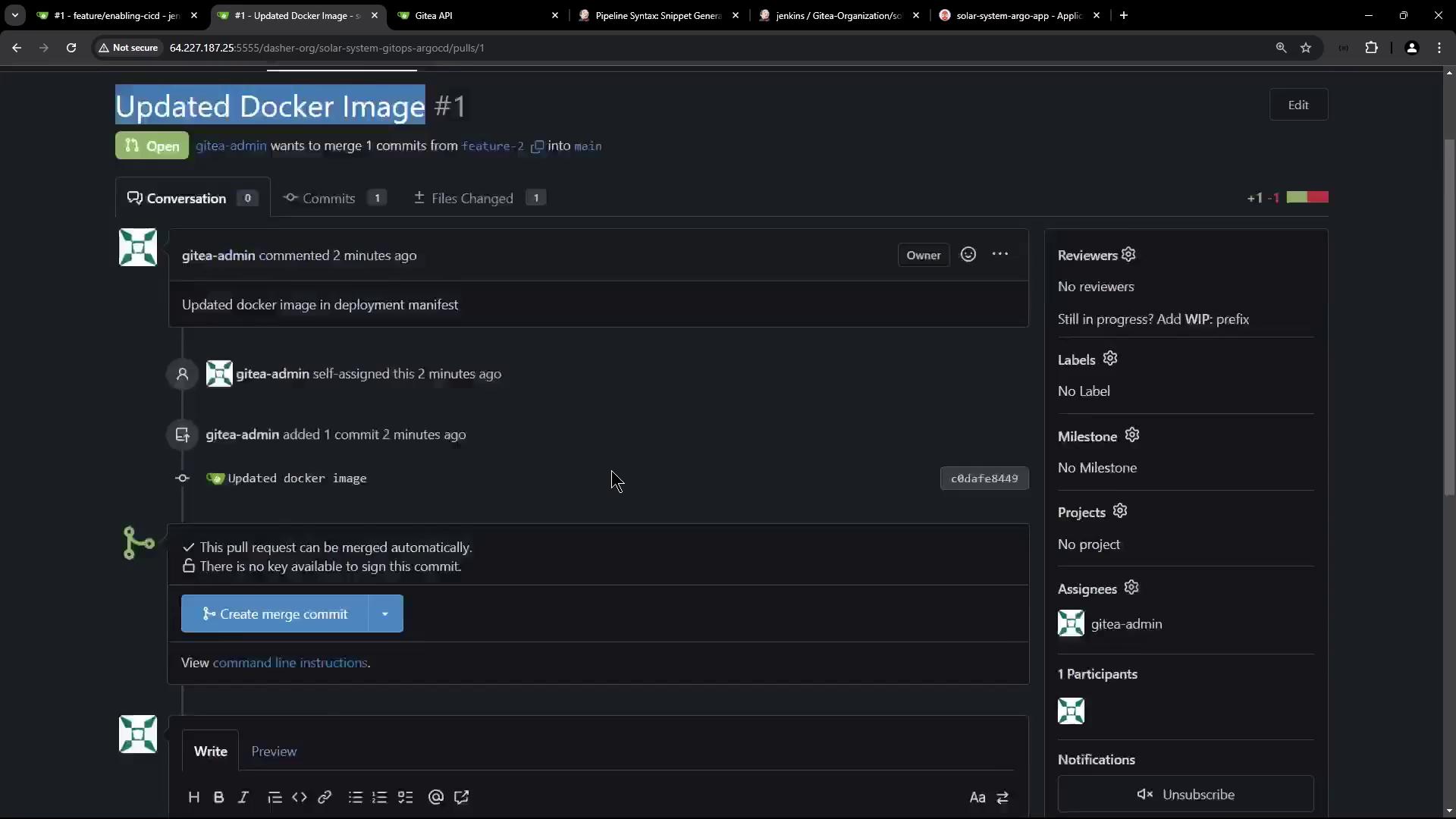 The image shows a pull request titled "Updated Docker Image #1" on a code repository platform, with details about commits and options to merge the request.