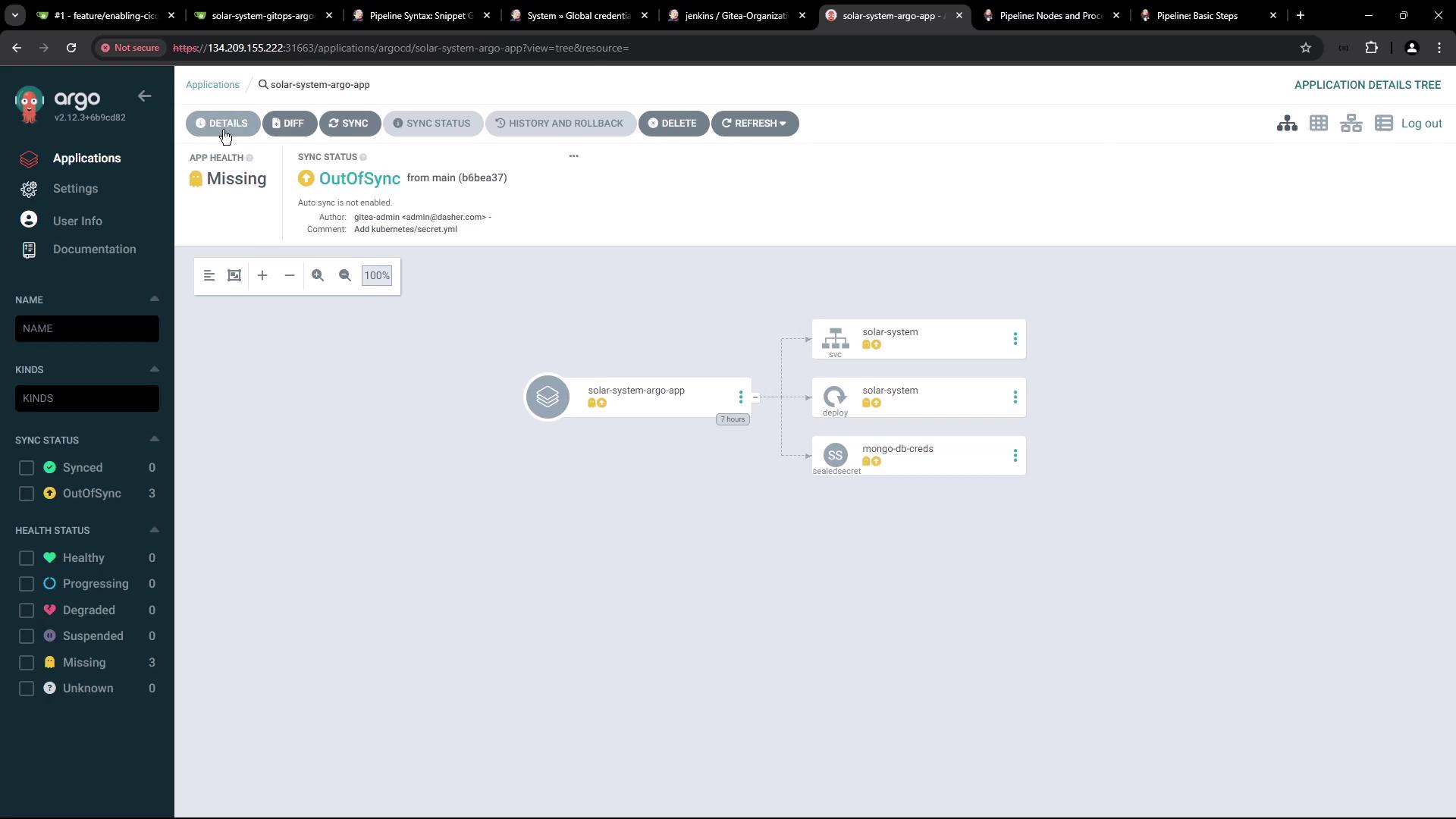 The image shows an Argo CD interface with an application named "solar-system-argo-app" that is out of sync and missing. It displays a visual representation of the application's components and their statuses.