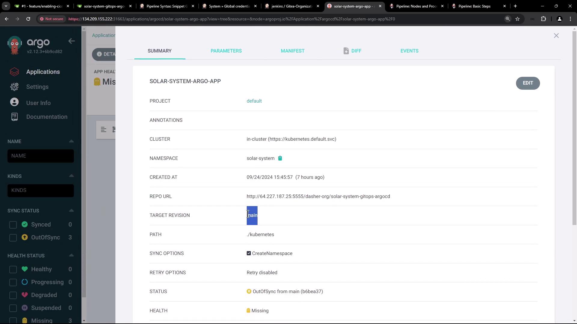 The image shows a dashboard from Argo CD, displaying details of an application named "SOLAR-SYSTEM-ARGO-APP," including project, cluster, namespace, and repository information. The application status is "OutOfSync" and health status is "Missing."