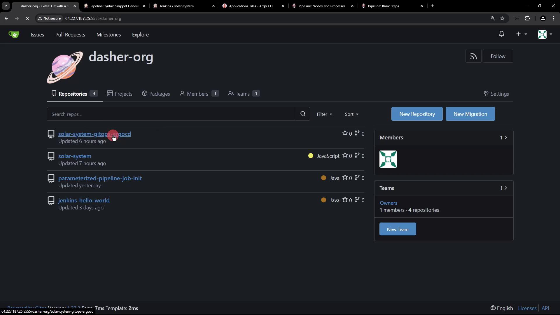 The image shows a Gitea interface for the "dasher-org" organization, displaying a list of repositories with options to create a new repository or migration. There are four repositories listed, with details about their last update and programming languages used.