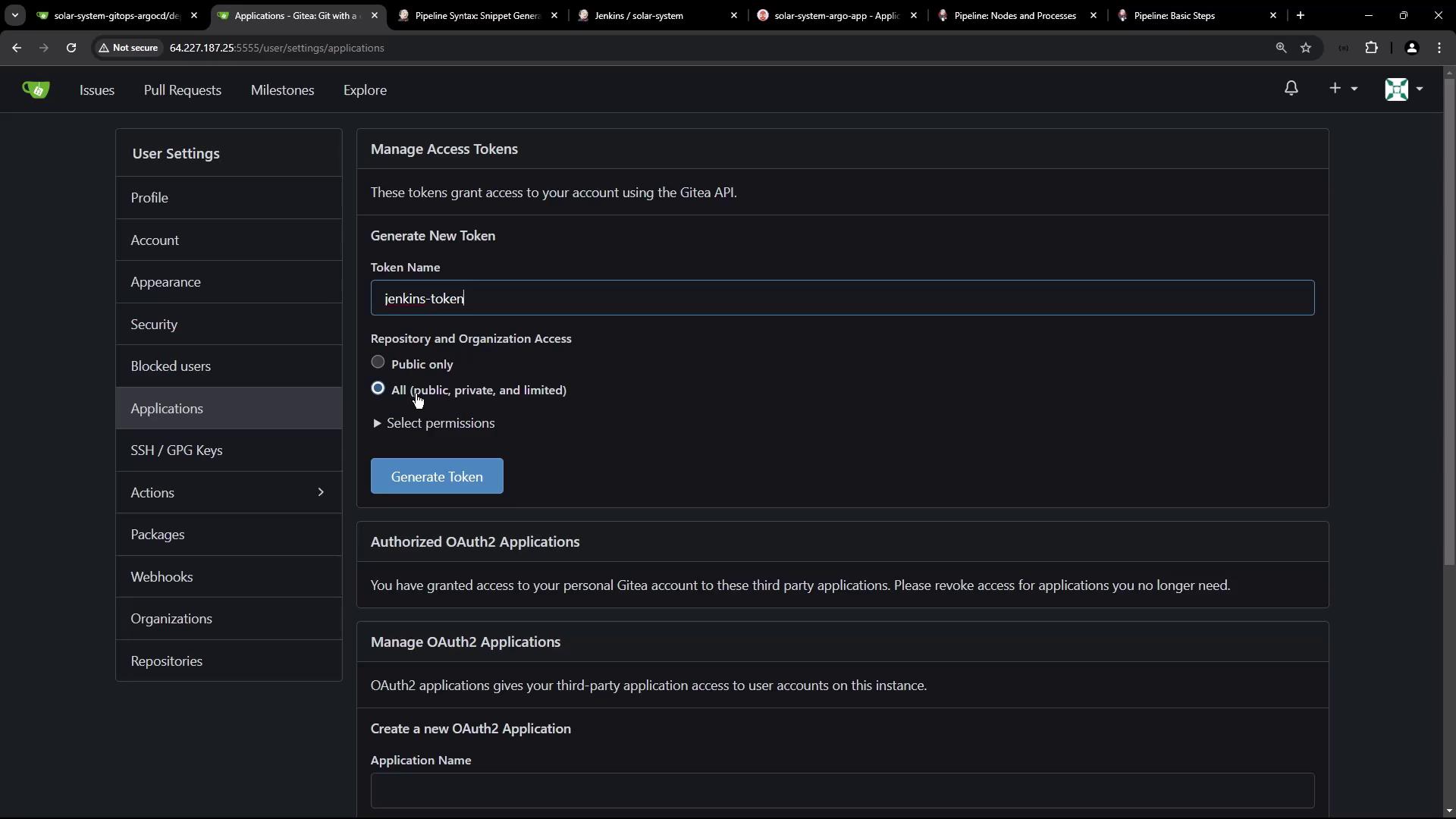 The image shows a Gitea user settings page where a new access token named "jenkins-token" is being generated, with options for repository and organization access.