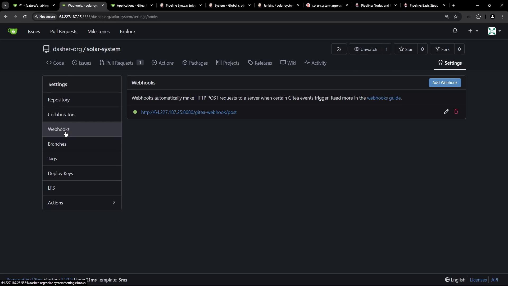 The image shows a web interface for managing webhooks in a repository on Gitea, with options to add or edit webhooks.