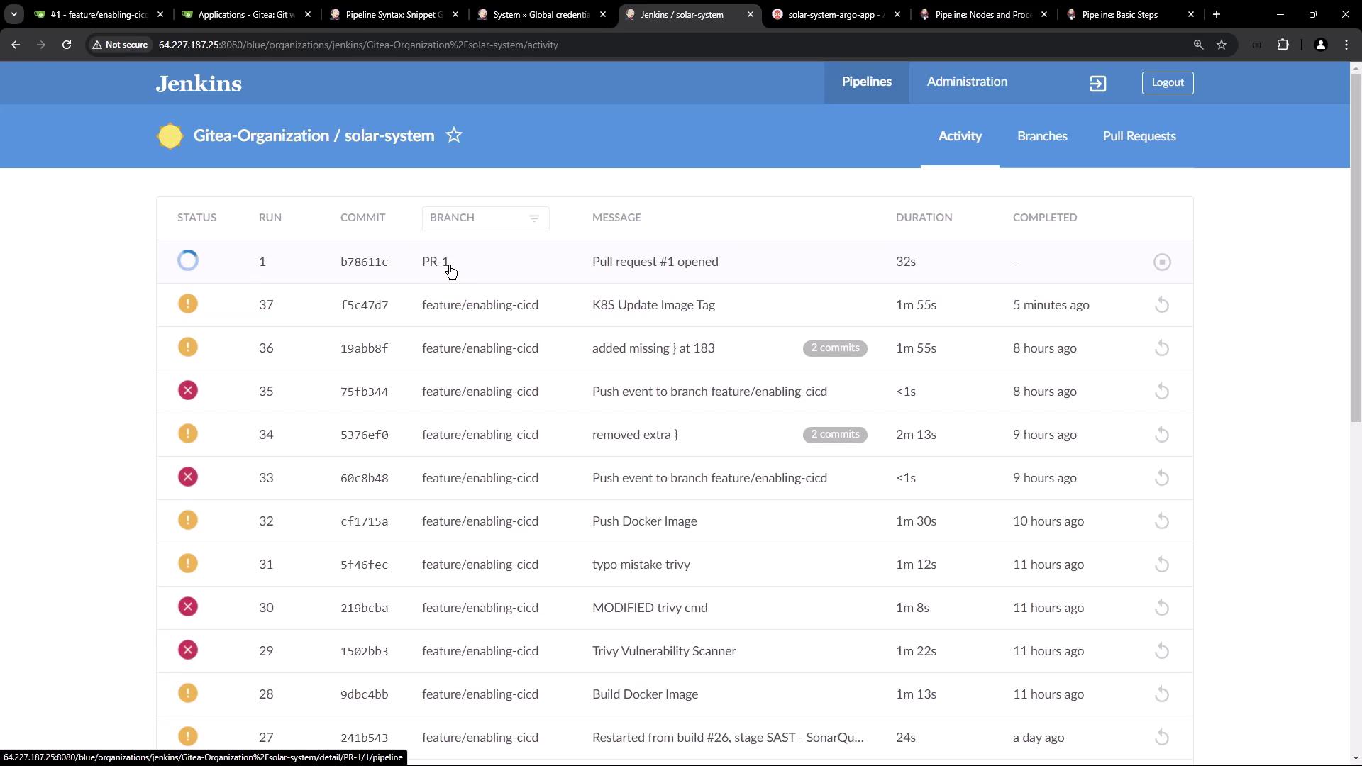 The image shows a Jenkins dashboard displaying a list of pipeline activities for a project named "solar-system" under "Gitea-Organization," including details like status, commit ID, branch, message, duration, and completion time.