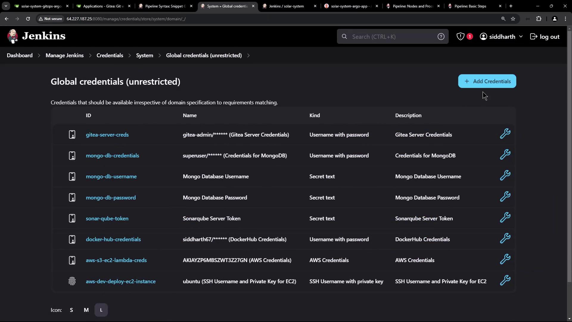 The image shows a Jenkins interface displaying a list of global credentials, including usernames, passwords, and tokens for various services like MongoDB, DockerHub, and AWS.