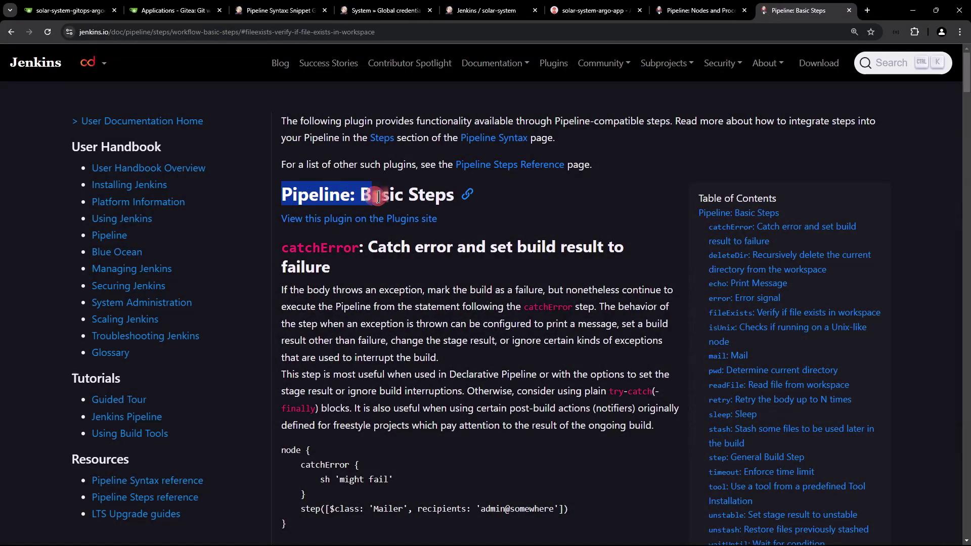 The image shows a webpage from the Jenkins documentation, specifically detailing the "Pipeline: Basic Steps" with a focus on the "catchError" function. It includes a sidebar with a user handbook and a table of contents for various pipeline steps.