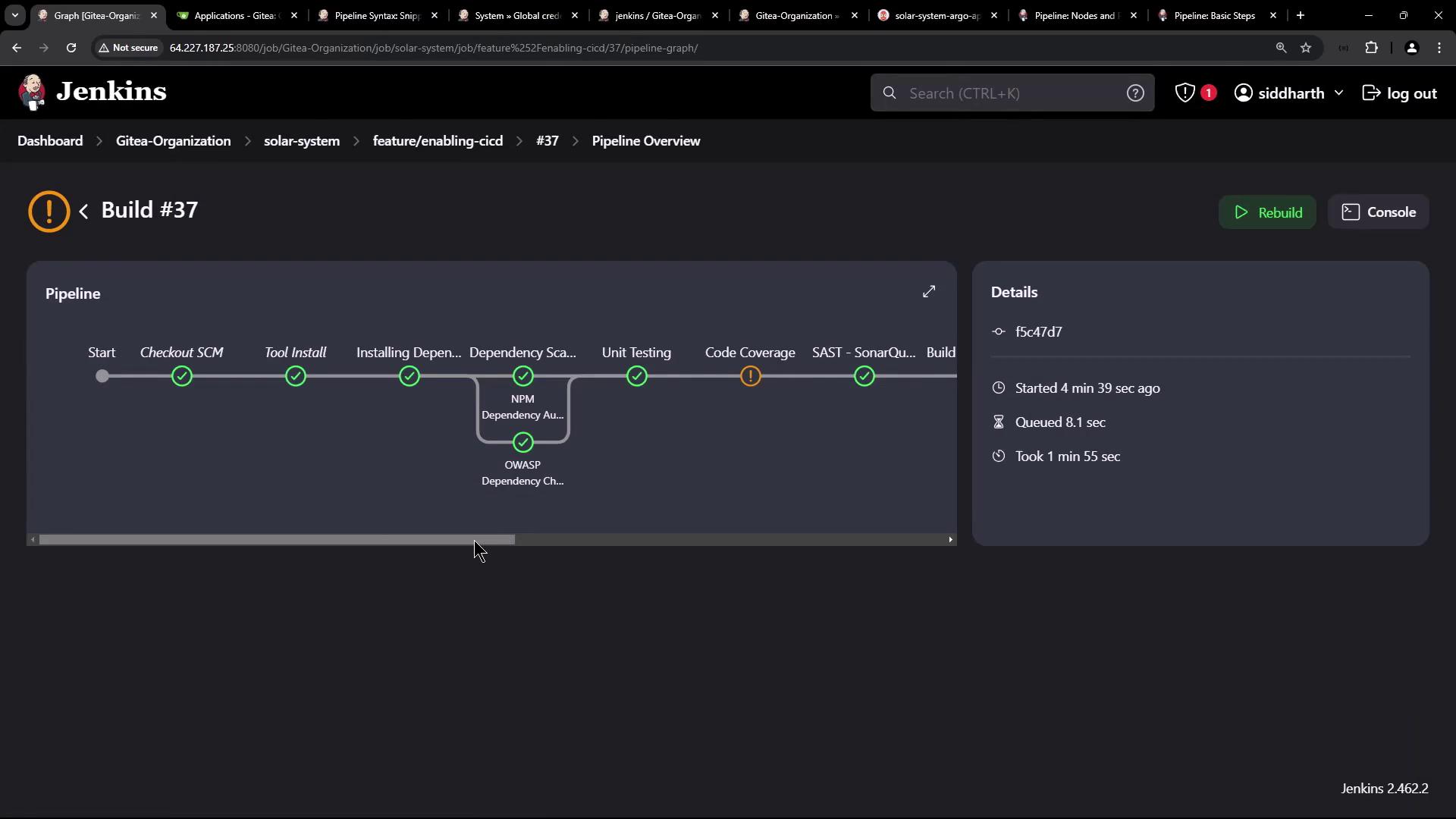 The image shows a Jenkins pipeline overview for Build #37, displaying various stages such as "Checkout SCM," "Tool Install," "Unit Testing," and "Code Coverage," with some stages marked as completed and one with a warning. Details about the build's start time, queue time, and duration are also provided.