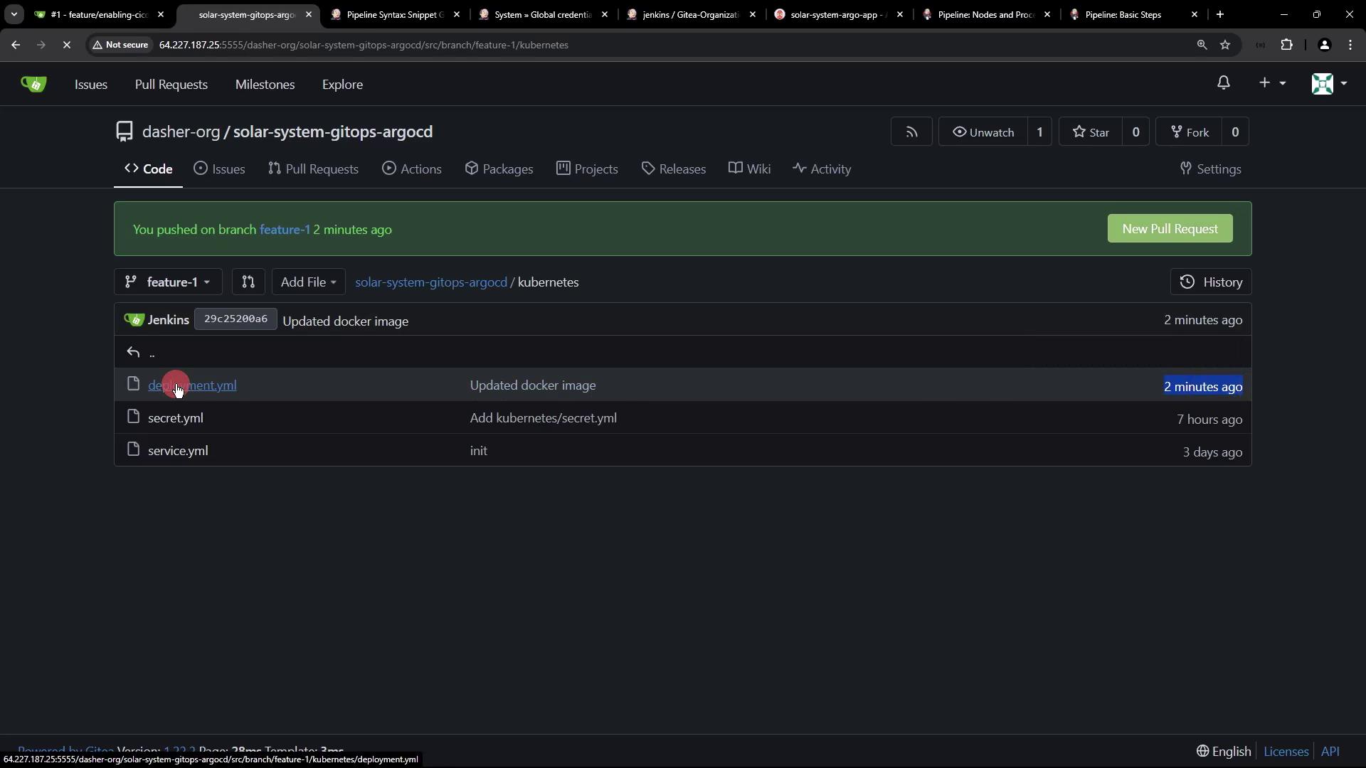 The image shows a code repository interface with a branch named "feature-1" and files related to Kubernetes, including "deployment.yml," "secret.yml," and "service.yml." A recent update to the Docker image is noted.