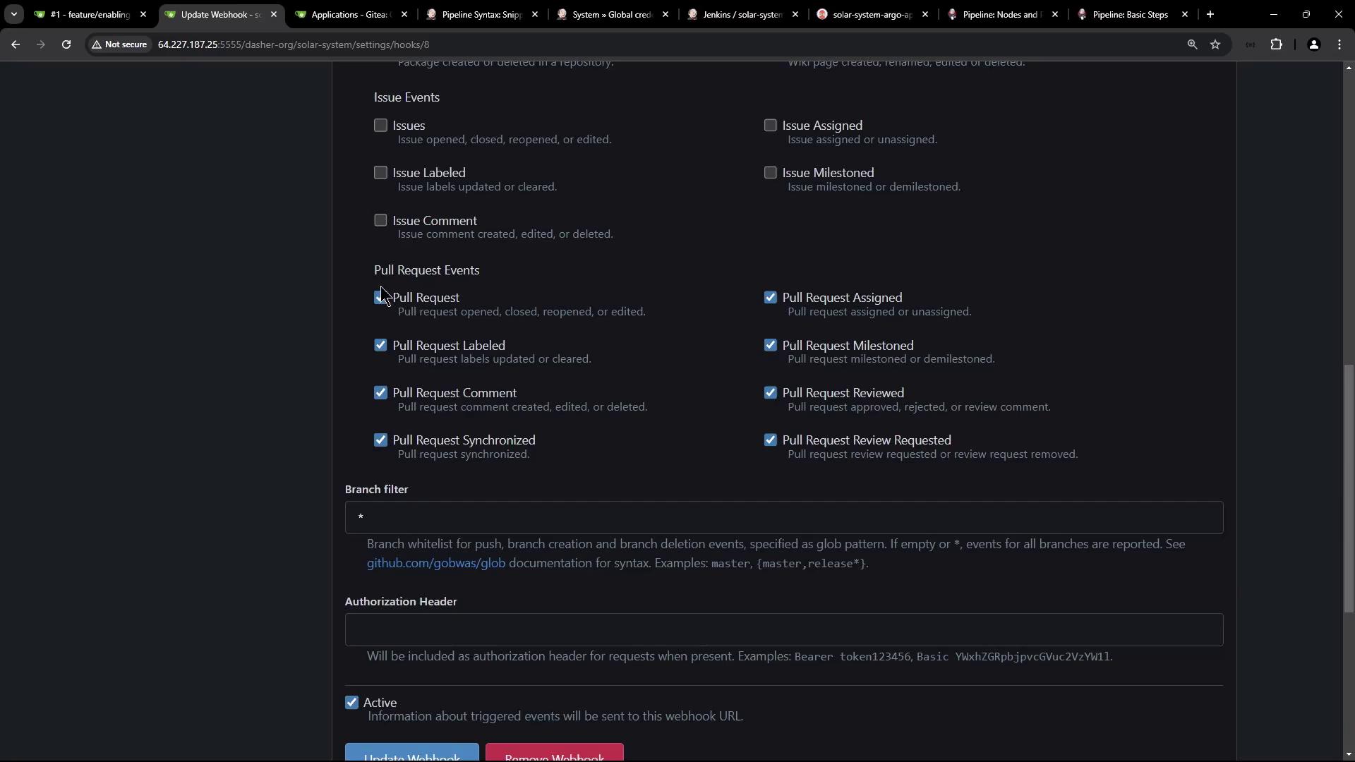 The image shows a settings page for configuring webhook events in a repository, with options for issue and pull request events, branch filters, and authorization headers.