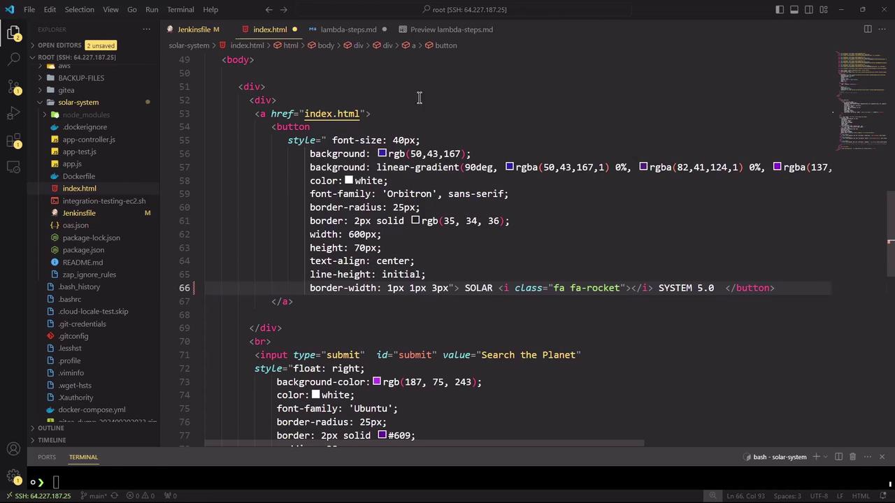 The image shows a code editor with HTML and CSS code for styling a button and an input field. The editor interface includes a file explorer on the left and a terminal at the bottom.