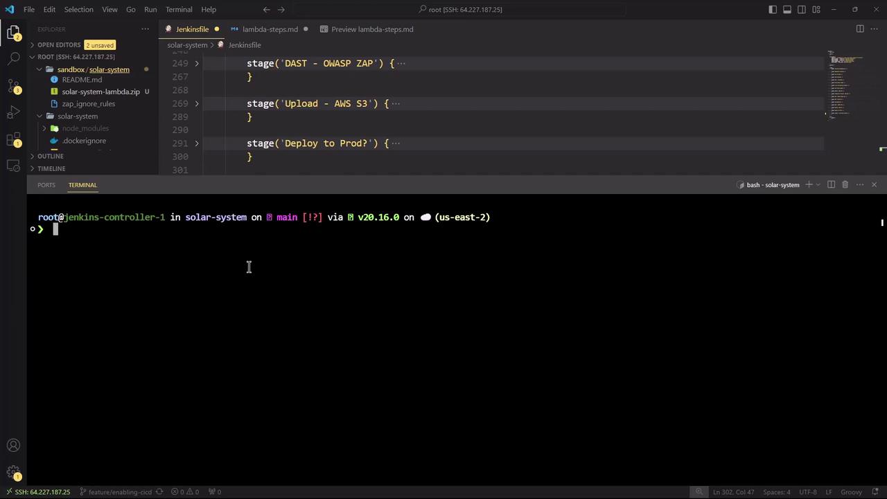 The image shows a Visual Studio Code interface with a Jenkinsfile open, displaying stages for a CI/CD pipeline. Below, there's a terminal session connected to a remote server.