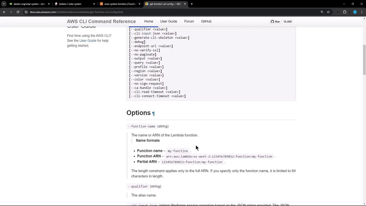 The image shows a webpage from the AWS CLI Command Reference, specifically detailing options for the `get-function-url-config` command related to AWS Lambda functions.