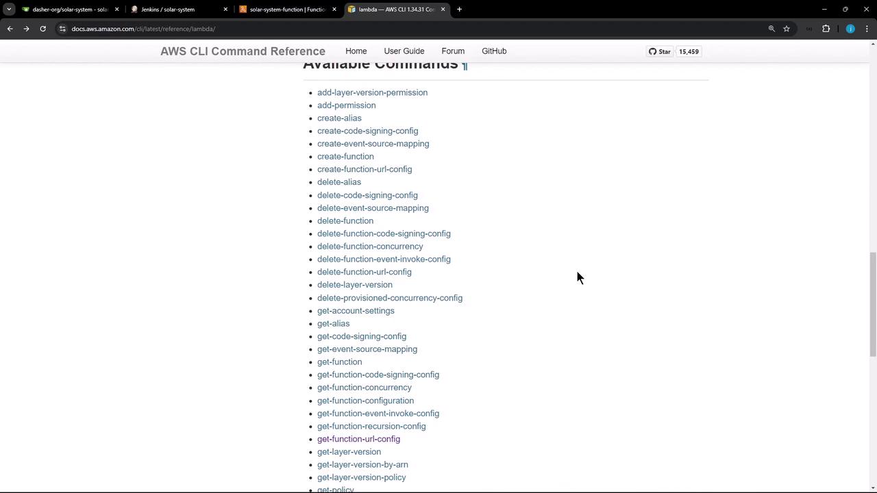 The image shows a webpage from the AWS CLI Command Reference, listing available commands related to AWS Lambda.
