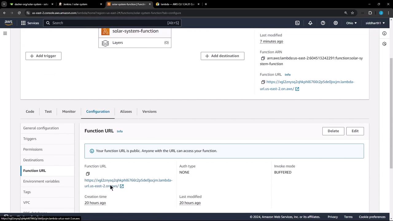 The image shows an AWS Lambda console with details of a function named "solar-system-function," including its public URL and configuration settings. The console displays options for adding triggers and destinations, and the function's last modification time.