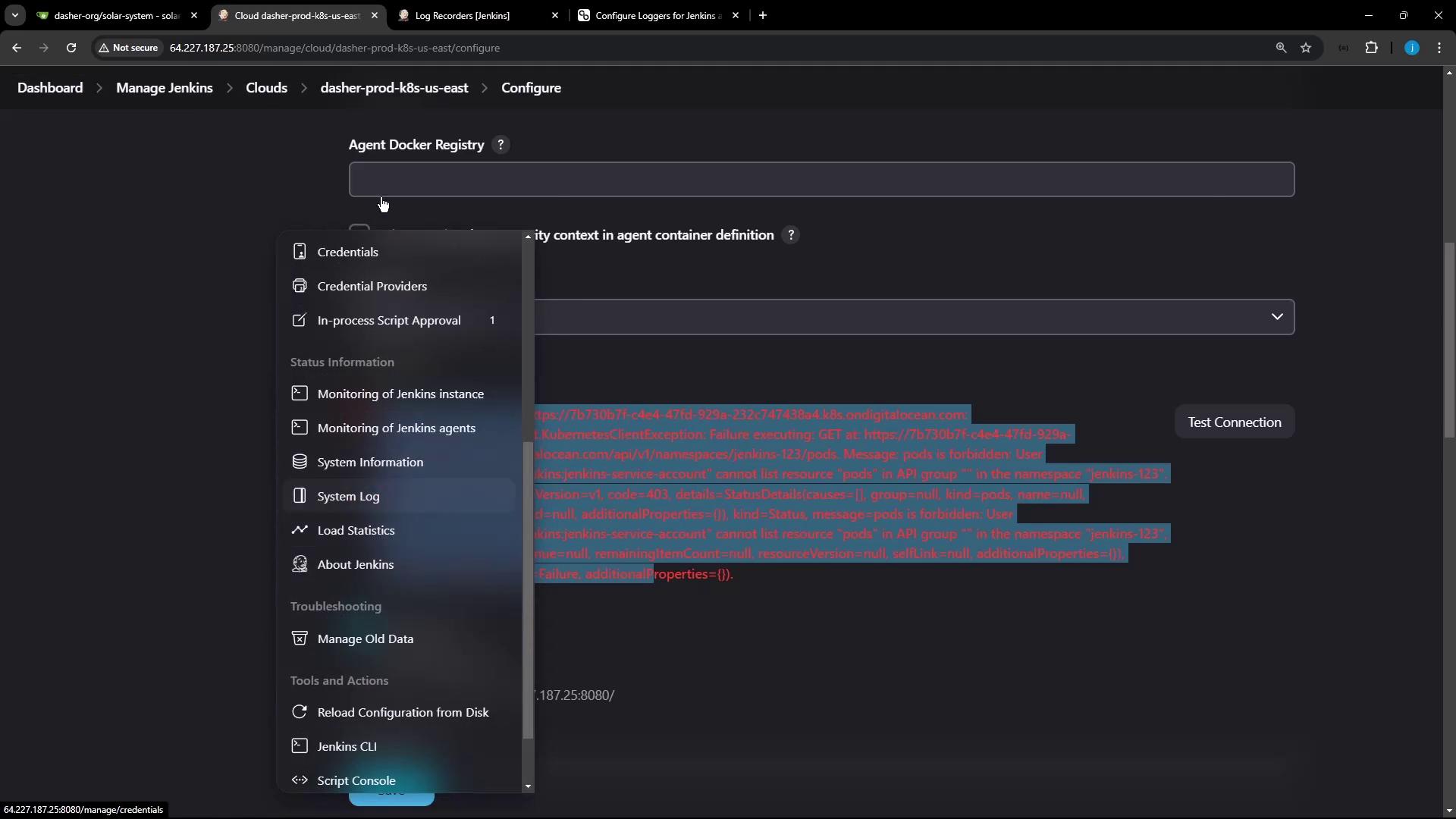 The image shows a Jenkins configuration interface with a dropdown menu open, displaying various options like "Credentials" and "System Log." There is also an error message related to Kubernetes client execution visible in red text.