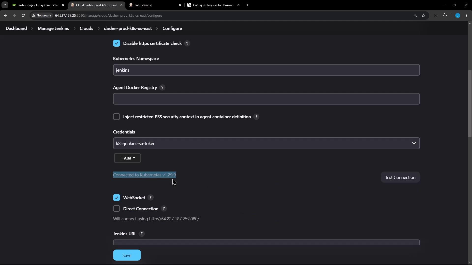 The image shows a configuration screen for Jenkins, specifically for setting up a Kubernetes cloud. It includes options for Kubernetes Namespace, Agent Docker Registry, and connection settings.