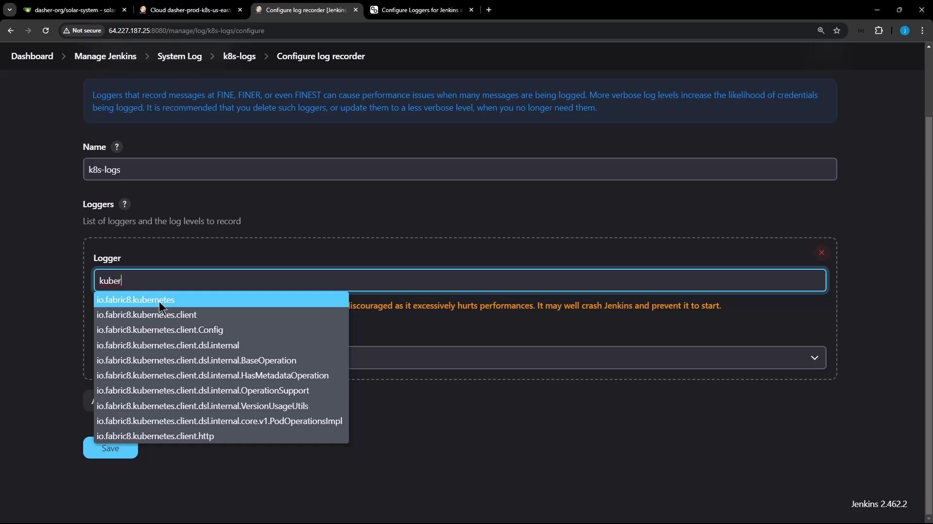 The image shows a Jenkins configuration screen for setting up a log recorder, with a dropdown menu displaying Kubernetes-related logger options.