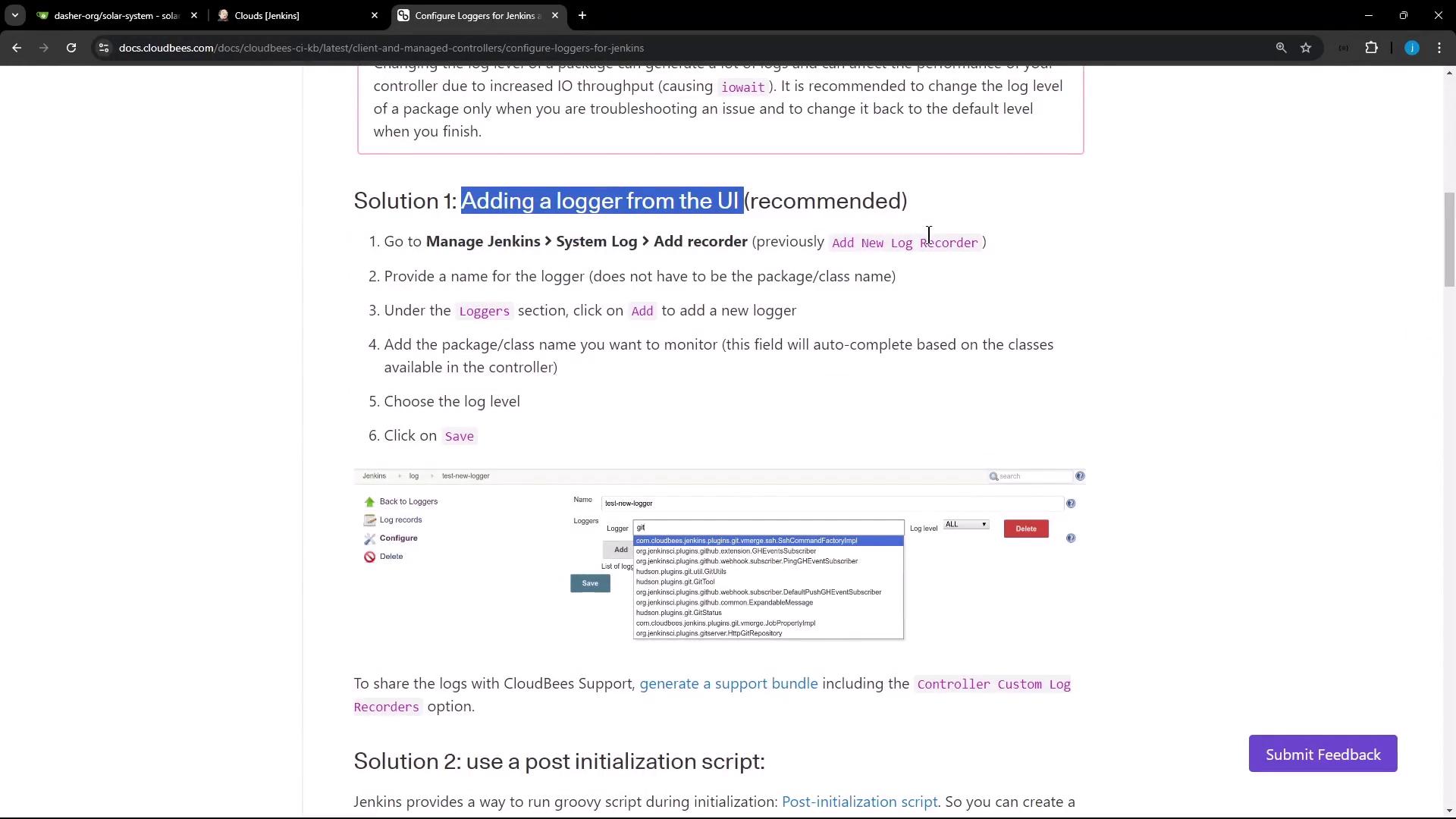The image is a screenshot of a webpage providing instructions on adding a logger from the UI in Jenkins, with a step-by-step guide and a partial view of the Jenkins interface.