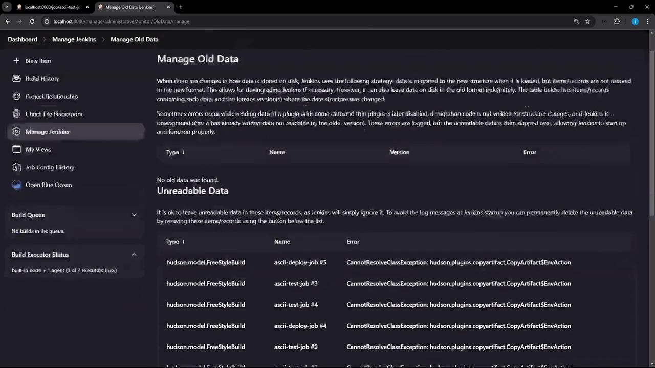 The image shows a Jenkins interface with a "Manage Old Data" section, listing unreadable data entries with errors related to "CannotResolveClassException."