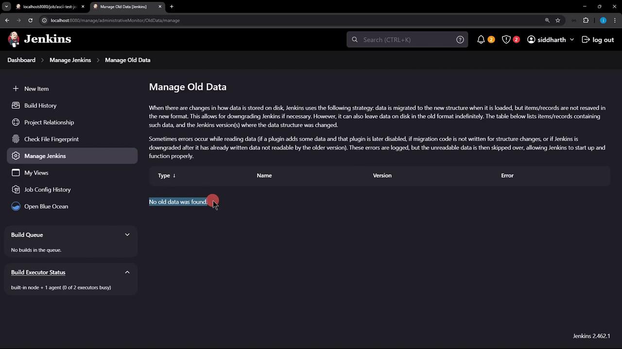 The image shows a Jenkins interface on the "Manage Old Data" page, indicating that no old data was found. The sidebar includes options like "Build History" and "Manage Jenkins."