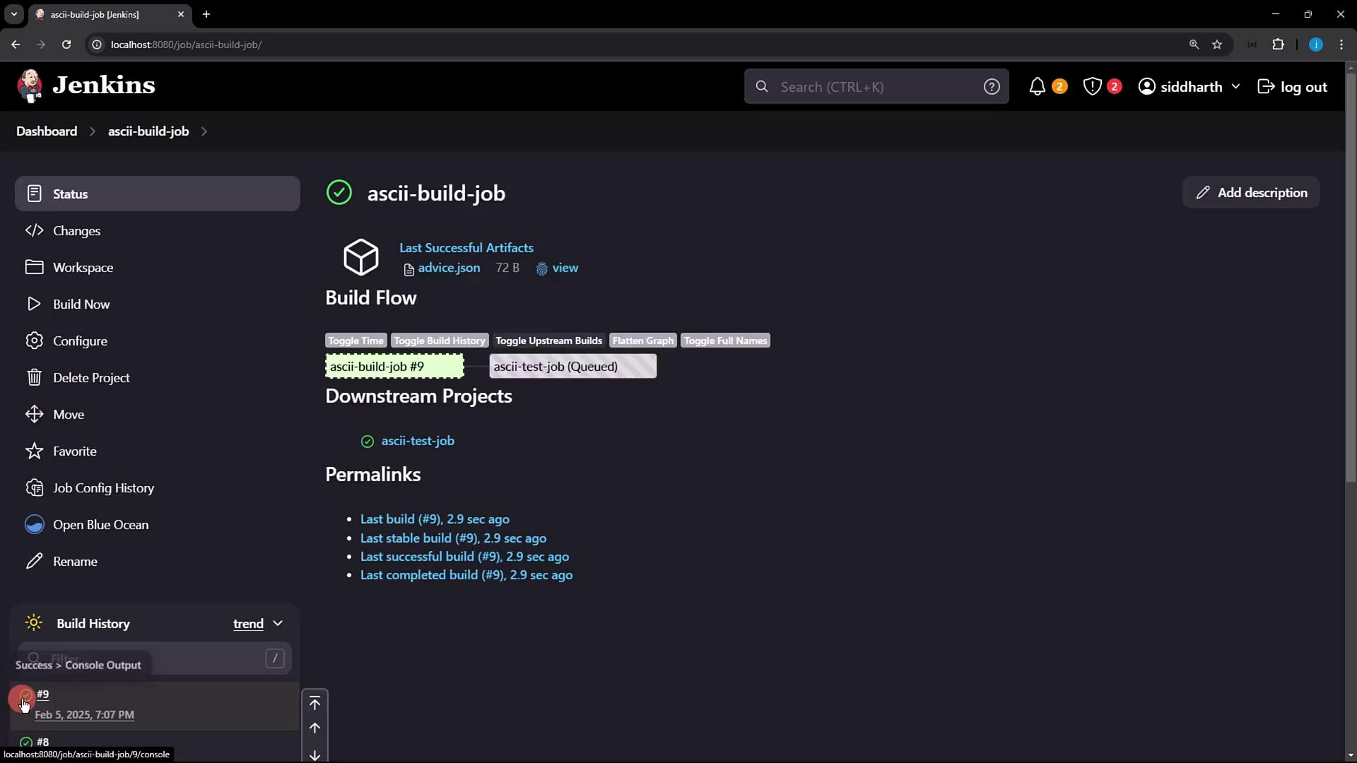 The image shows a Jenkins dashboard for a job named "ascii-build-job," displaying its build flow, downstream projects, and build history. The job appears to have been successfully built recently.