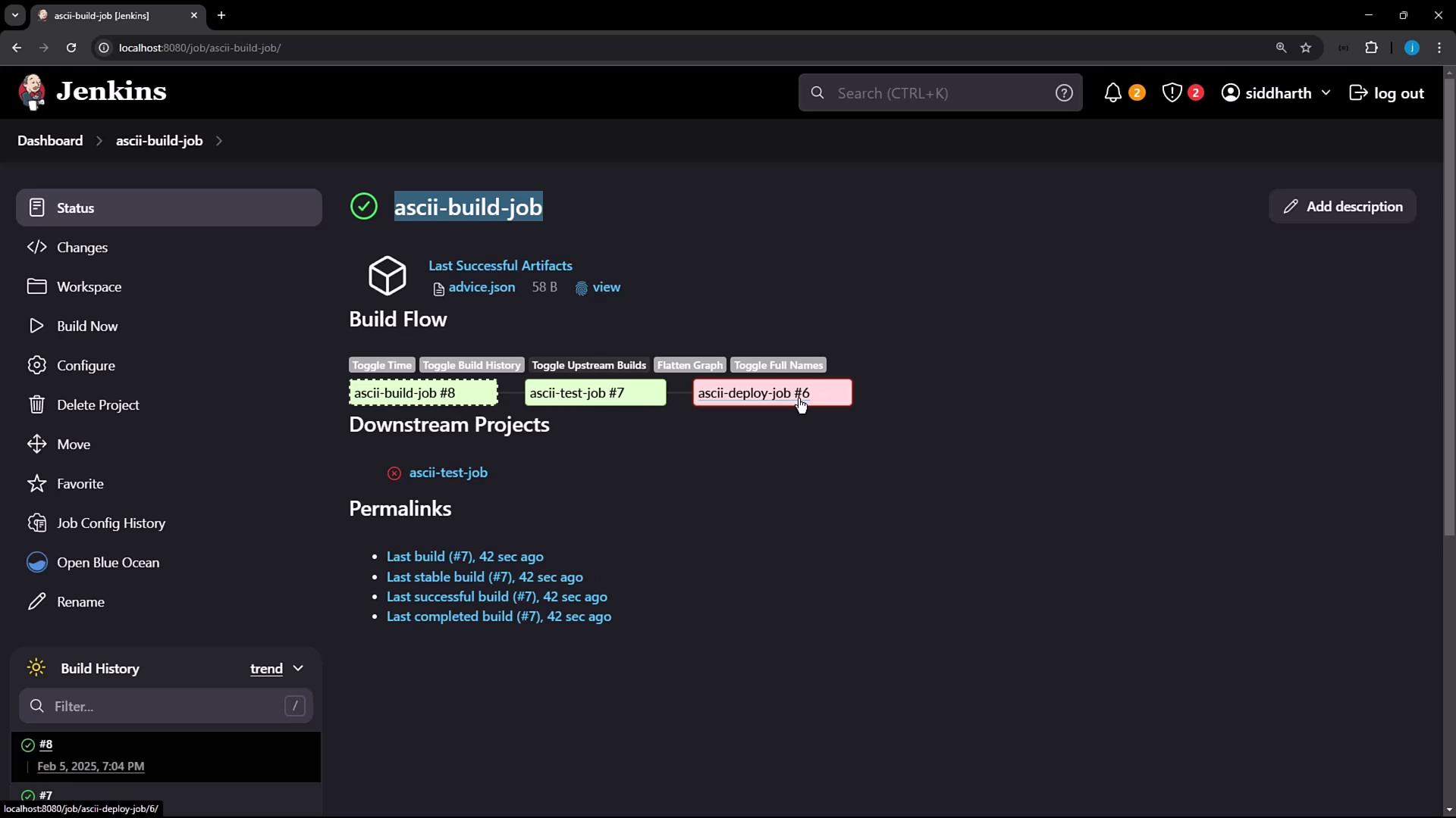 The image shows a Jenkins dashboard for a project named "ascii-build-job," displaying build flow and downstream projects with links to build history and artifacts.