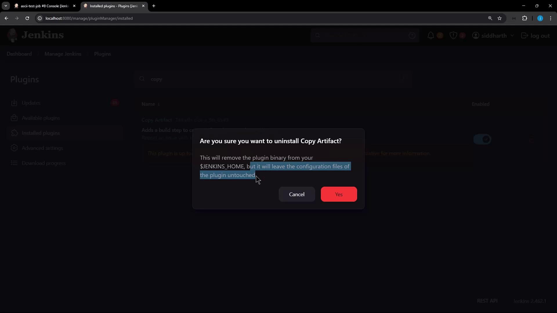 The image shows a Jenkins interface with a confirmation dialog asking if the user wants to uninstall the "Copy Artifact" plugin, with options to cancel or proceed.