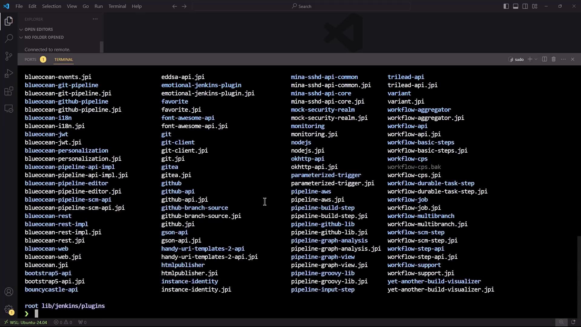 The image shows a terminal window in Visual Studio Code displaying a list of Jenkins plugin files with the ".jpi" extension. The terminal is connected to a remote server, and the files are organized in columns.
