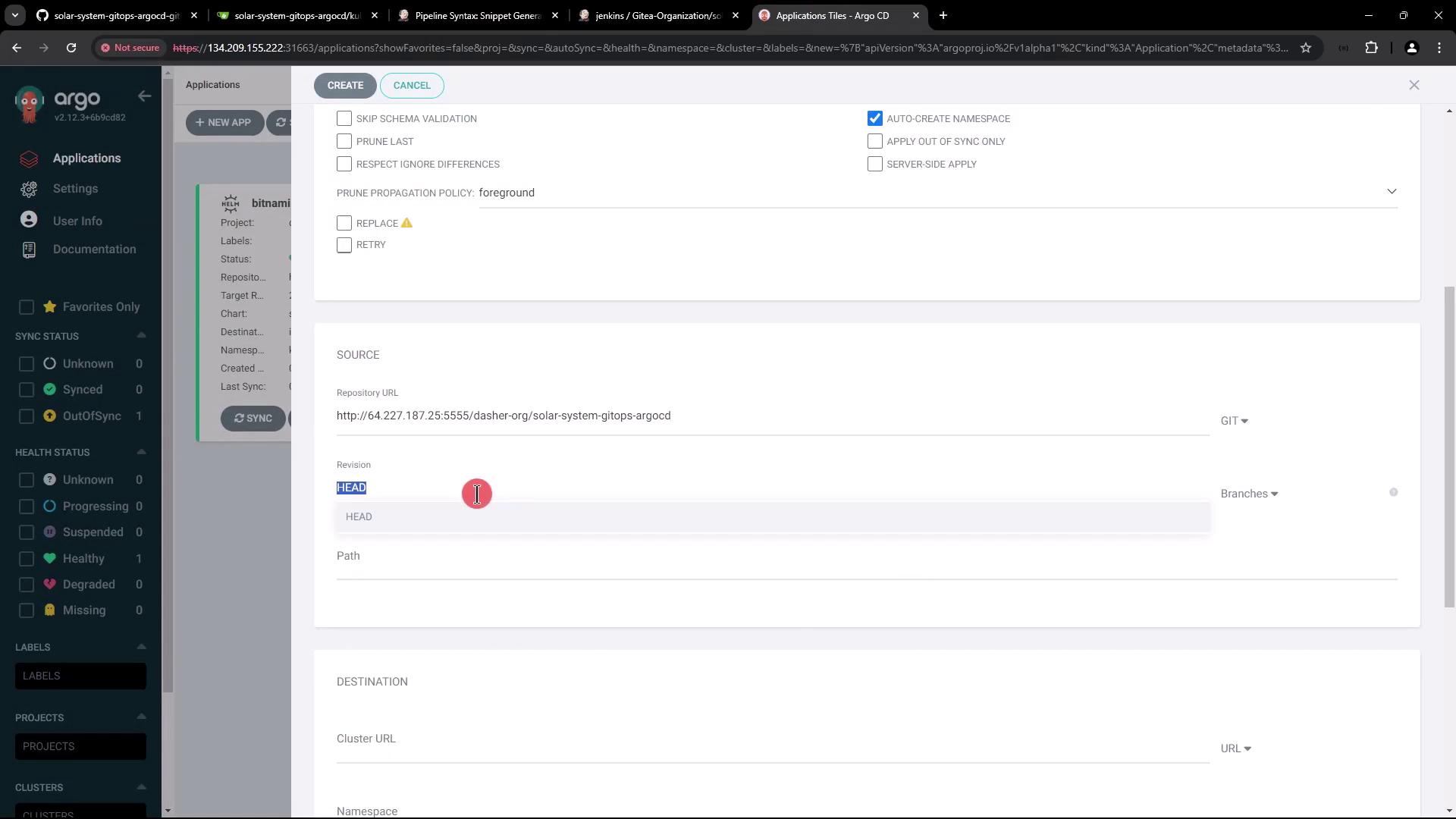 The image shows a user interface of Argo CD, displaying application settings with options for source repository configuration and sync status.