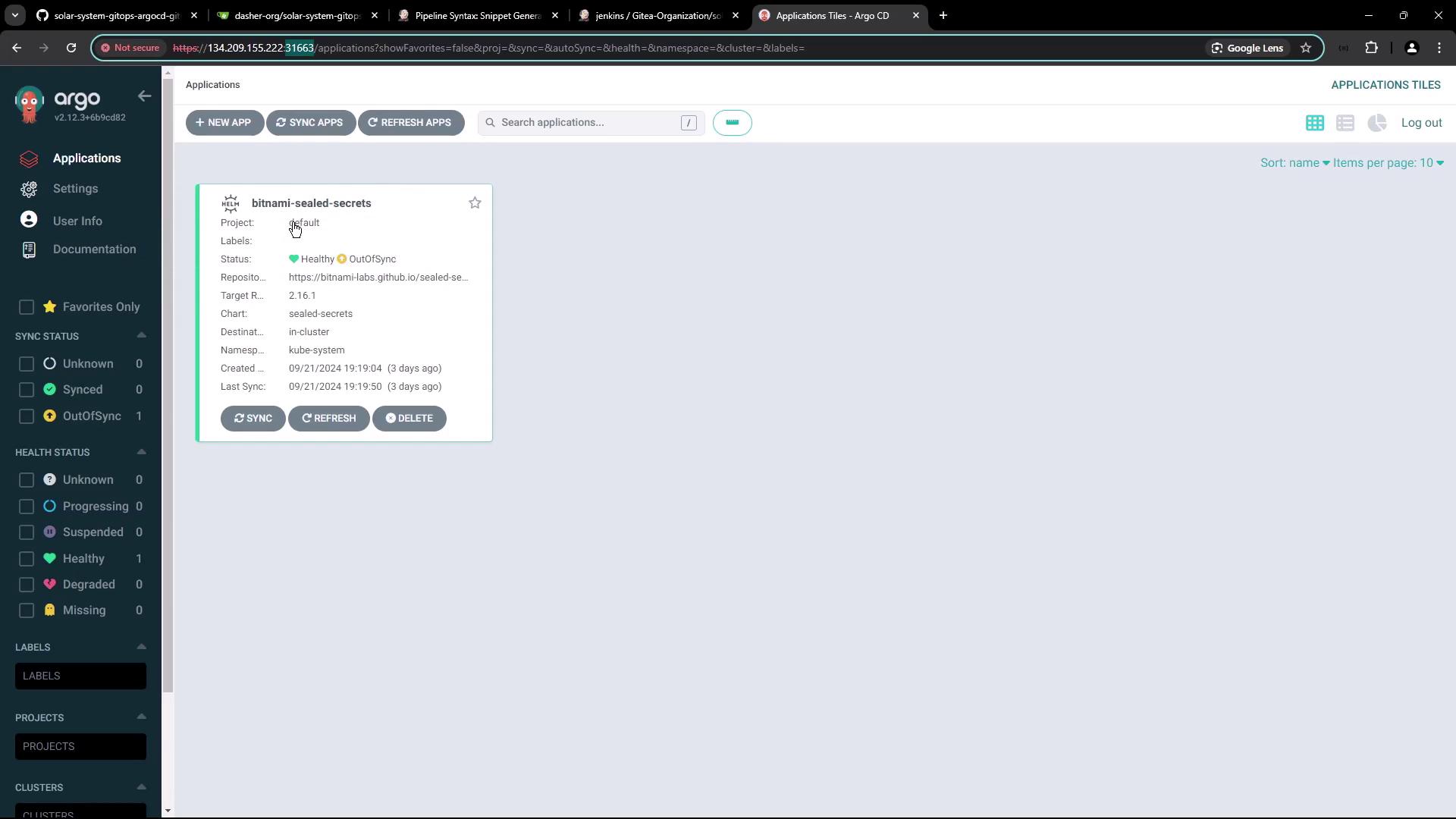 The image shows the Argo CD interface displaying an application named "bitnami-sealed-secrets" with its status as "Healthy" but "OutOfSync." The interface includes options to sync, refresh, or delete the application.